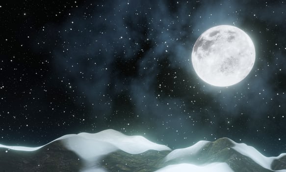 Full moon night. Snow is falling on the top of the hill. Hill. Early winter night. The sky is full of stars, the snow is falling, the moon is shining. 3D rendering photo