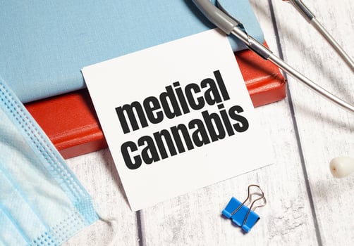 sticker with text MEDICAL CANNABIS on table with stethoscope photo