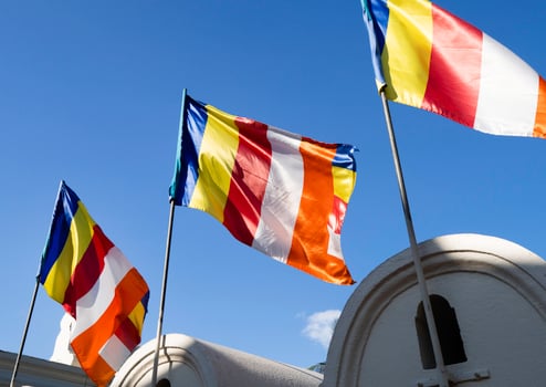 Waving colorful Buddhist Sri Lanlan Flag photo