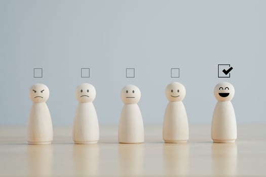 Feedback rating and positive customer service review. Mental health assessment, World mental health day, think positive and satisfaction survey concept. Select happy from normal and Sad emotion. photo