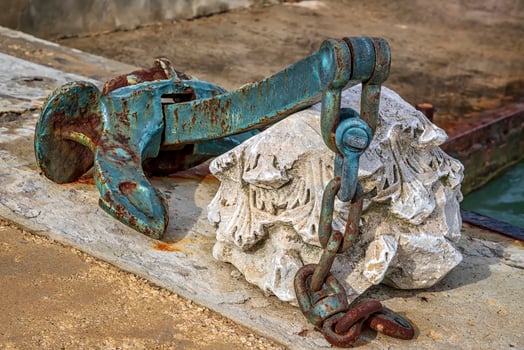 A huge old rusty anchor like a harbor decoration photo