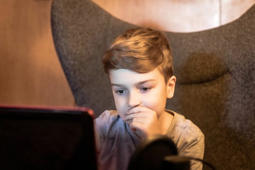 Small kid watching live stream over laptop at home. photo