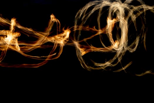 Circles of fire. Lines of flame. Shooting fire show on long shutter speed. photo