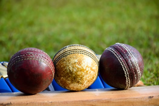 Cricket sport equipments bat ball gloves on green lawn  blurred green grass cricket field, concept for using cricket sport equipment in training. photo