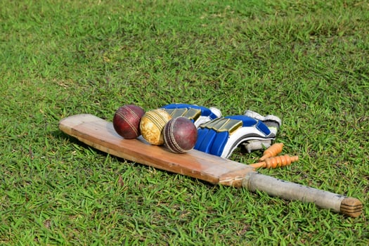 Cricket sport equipments bat ball gloves on green lawn  blurred green grass cricket field, concept for using cricket sport equipment in training. photo