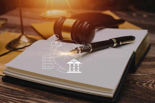 Business and lawyers discussing contract papers with brass scale on desk in office. Law, legal services, advice, justice and law concept picture with film grain effect photo