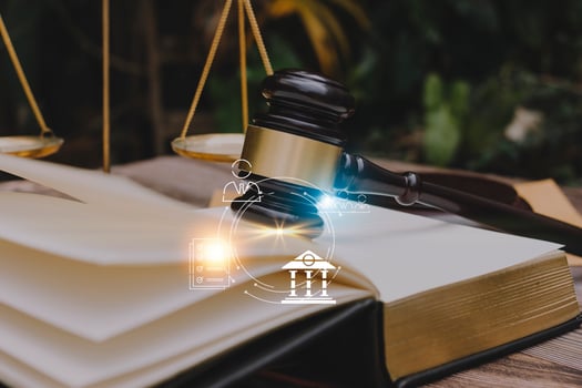 Business and lawyers discussing contract papers with brass scale on desk in office. Law, legal services, advice, justice and law concept picture with film grain effect photo