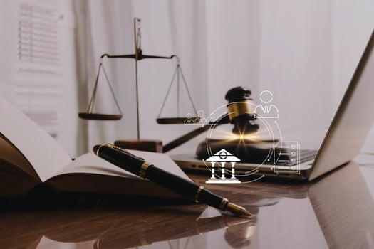 Business and lawyers discussing contract papers with brass scale on desk in office. Law, legal services, advice, justice and law concept picture with film grain effect photo