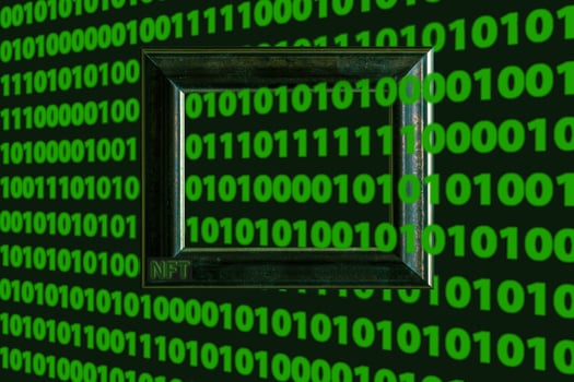 wooden frame with green zero one digits as crypto art illustration concept of nft banner and non-fungible token photo