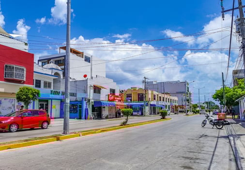 Playa del Carmen Quintana Roo Mexico 2022 Typical street road and cityscape of Playa del Carmen Mexico. photo