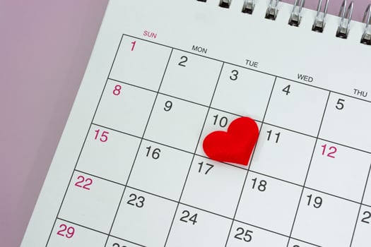 Red heart shape on the date of the 10th day in the calendar. photo