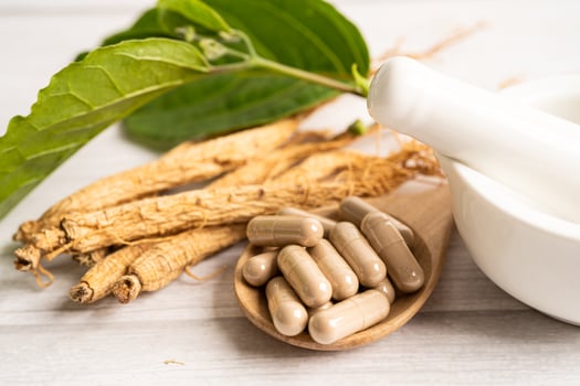 Ginseng, dried vegetable herb. Healthy food famous export food in Korea country. photo