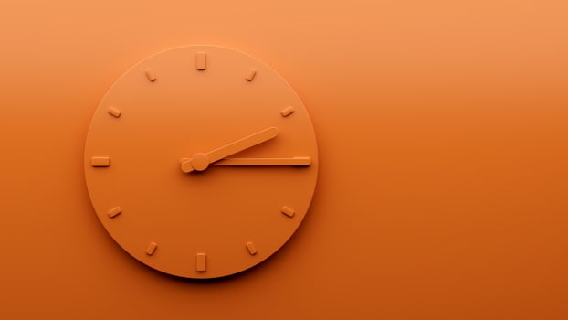 Minimal Orange clock 2 15 quarter past Two o'clock abstract Minimalist wall clock 14 15 or Two fifteen 3d Illustration photo