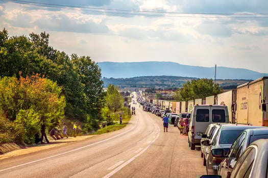 Turkey Border, Turkey. Trucks and cars waiting in long lines to cross the international border photo