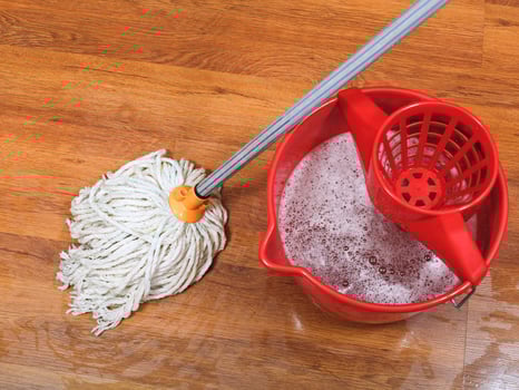 textile mop and red bucket photo
