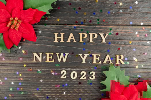 Happy New year 2023 celebration. Wooden text and poinsettia on wooden background. Flat lay. photo