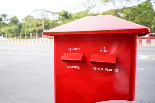 Thailand post box beside the road. In Thai language means Bangkok, Other Places. photo