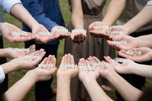 Asian Male and Female raise up right hand and then hold text sharing together in the circle group at garden. photo