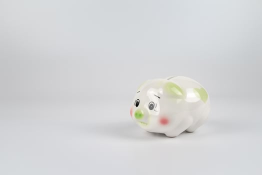 Sad White green and pink piggy back in front of white background. photo