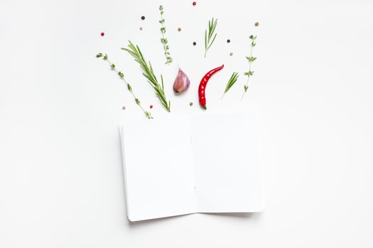 Blank notepad pages with greens herbs and spices photo