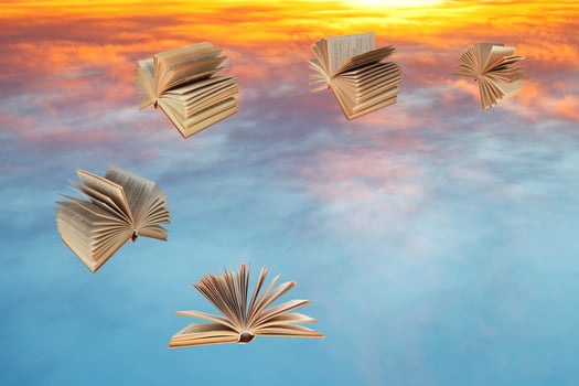 books fly over sunset clouds photo