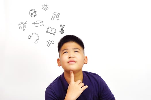 The boy getting many ideas on white background. Bright ideas and education thinking concept. photo
