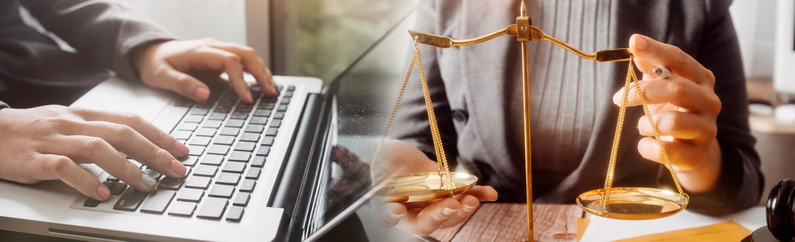 Business and lawyers discussing contract papers with brass scale on desk in office. Law, legal services, advice, justice and law concept picture with film grain effect photo