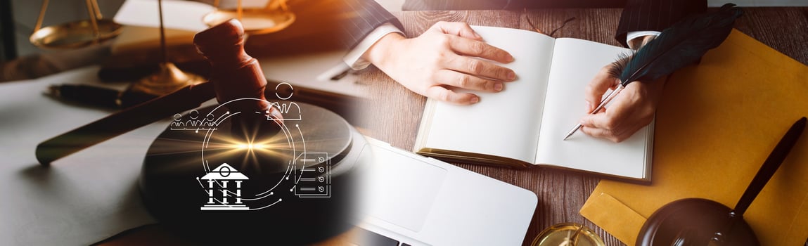 Business and lawyers discussing contract papers with brass scale on desk in office. Law, legal services, advice, justice and law concept picture with film grain effect photo