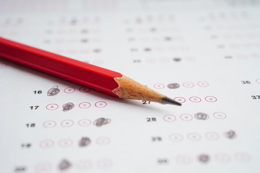 Answer sheets with pencil drawing fill to select choice, education concept. photo