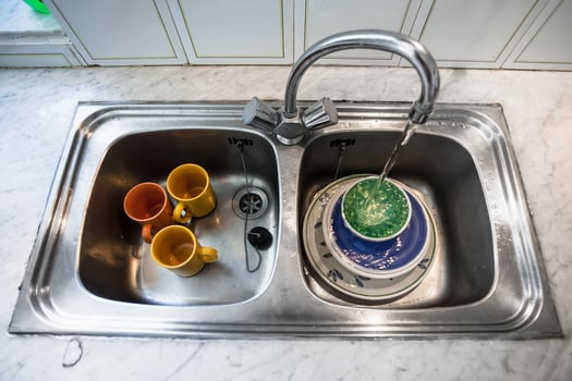 washing of dirty dishes in kitchen sink photo