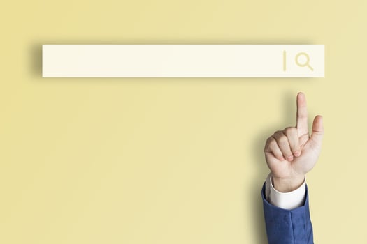 Businessman's finger pointing at internet search page on virtual touch screen Earth tone yellow background, search for internet surfing information network concept, education, knowledge, copy space photo