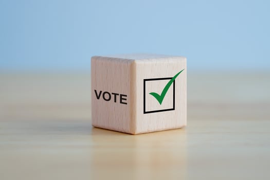 Elections and Voting concept. Check mark and VOTE text on wooden block. photo