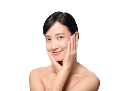 Portrait of beautiful young asian woman clean fresh bare skin concept. Asian girl beauty face skincare and health wellness, Facial treatment, Perfect skin, Natural make up on white background photo