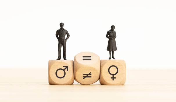 Gender discrimination to equality concept. Man and woman figurine on wooden blocks with symbols photo