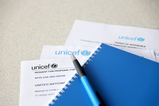 TERNOPIL, UKRAINE - MAY 2, 2022 Request for proposal for services from UNICEF - United Nations programm that provides humanitarian and developmental assistance to children photo