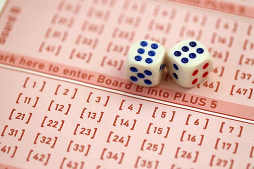 Dice cubes lies on pink gambling sheets with numbers for marking to play lottery. Lottery playing concept or gambling addiction. Close up photo
