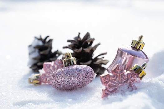 Christmas - Baubles Decorated, Pink xmas balls, Pine And Snowflakes In Snowing Background photo
