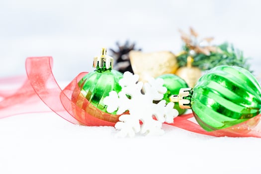 Christmas of  winter - Christmas balls with ribbon on snow, Winter holidays concept. Christmas green balls, golden balls, pine And Snowflakes decorations In Snow Background photo