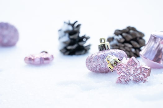 Christmas - Baubles Decorated, Pink xmas balls, Pine And Snowflakes In Snowing Background photo