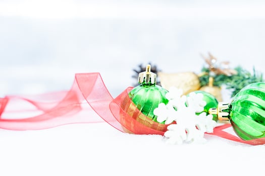 Christmas of  winter - Christmas balls with ribbon on snow, Winter holidays concept. Christmas green balls, golden balls, pine And Snowflakes decorations In Snow Background photo
