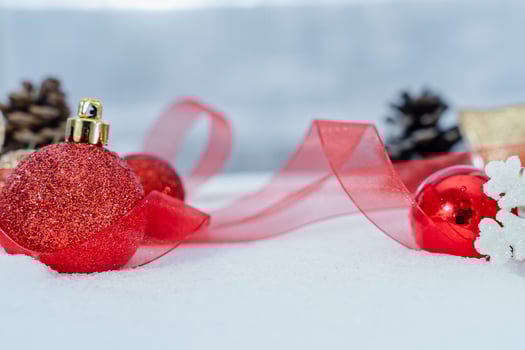 Christmas of  winter - Christmas balls with ribbon on snow, Winter holidays concept. Christmas red balls, golden balls, pine And Snowflakes decorations In Snow Background photo