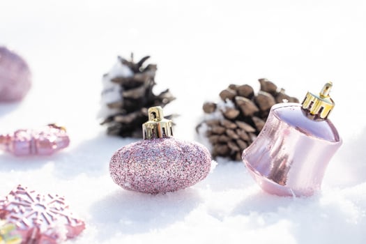 Christmas of  winter - Christmas balls with ribbon on snow, Winter holidays concept. Christmas red balls, golden balls, pine And Snowflakes decorations In Snow Background photo