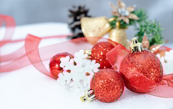 Christmas of  winter - Christmas balls with ribbon on snow, Winter holidays concept. Christmas red balls, golden balls, pine And Snowflakes decorations In Snow Background photo