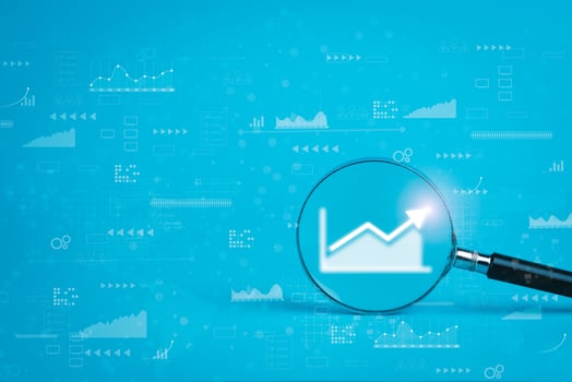 stock market and exchange business ideas financial growth chart digital currency stock market, magnifying glass on blue background photo