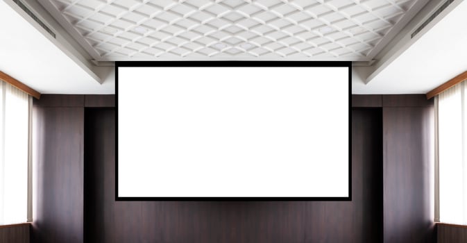 3D render projector white screen background on stage in meeting room photo