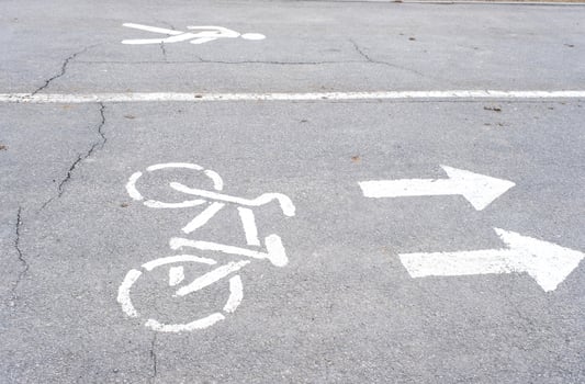 Road markings of a bicycle path in a park on a riding lane. A sidewalk for pedestrians and a lane for cyclists. Rules of road safety, active recreation area photo