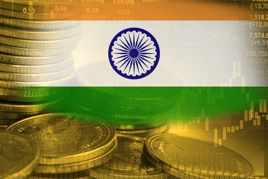 Stock market investment trading financial, coin and India flag or Forex for analyze profit finance business trend data background. photo