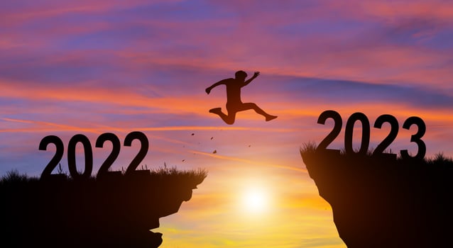 Welcome merry Christmas and Happy new year in 2023 with Man jumping. photo