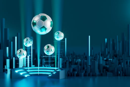 football 3d object in the abstract background, arena concept design, copy space, 3d illustration, glow neon light text frame, 3d rendering element, soccer game sport, sports equipment, realistic ball photo
