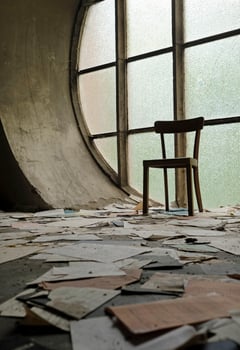 Chair in front of a round window in an abandoned church with papers and book pages lying on the ground photo